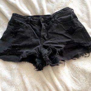 Distressed denim short mom shorts